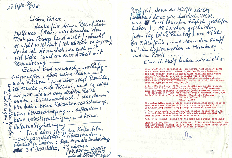 (3) & (4) Danièle Huillet and Jean-Marie Straub, letter to Peter Nestler September 10, 1984