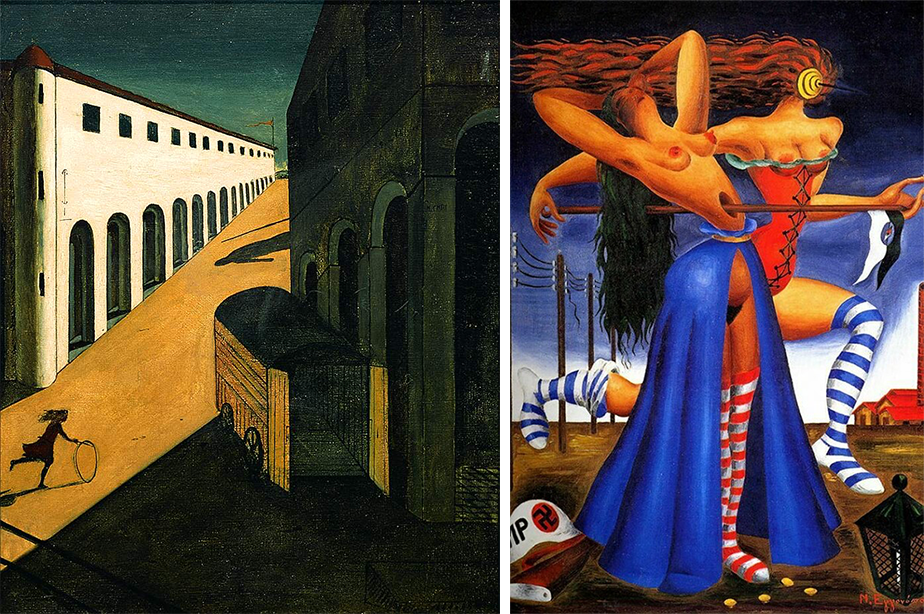 (2) Mystery and Melancholy of a Street (Giorgio de Chirico, 1914) & (3) Civil War (Nikos Engonopoulos, 1948) 