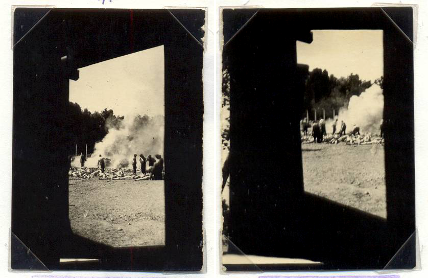 (7) & (8) De Sonderkommandofoto's zijn vier foto's die in het geheim in augustus 1944 zijn genomen door een lid van het Sonderkommando van het vernietigingskamp Auschwitz-Birkenau in Polen.
