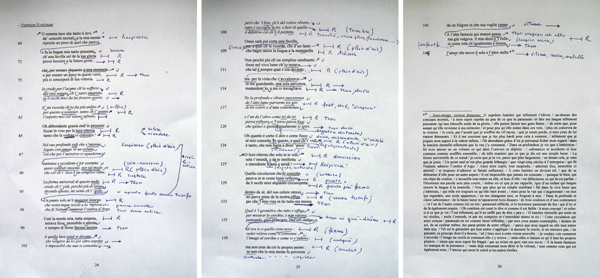 (5), (6) and (7) Giorgio Passerone, annotated script of O somma luce (© Giorgio Passerone, by permission).